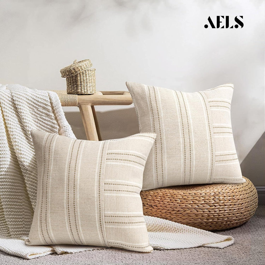 AELS 24x24 Decorative Farmhouse Linen Throw Pillow Covers, Boho Textured Pillow Case, Set of 2, Beige with White & Brown Stripe Patchwork Cushion Cover for Sofa Couch Living Room (Cover ONLY)