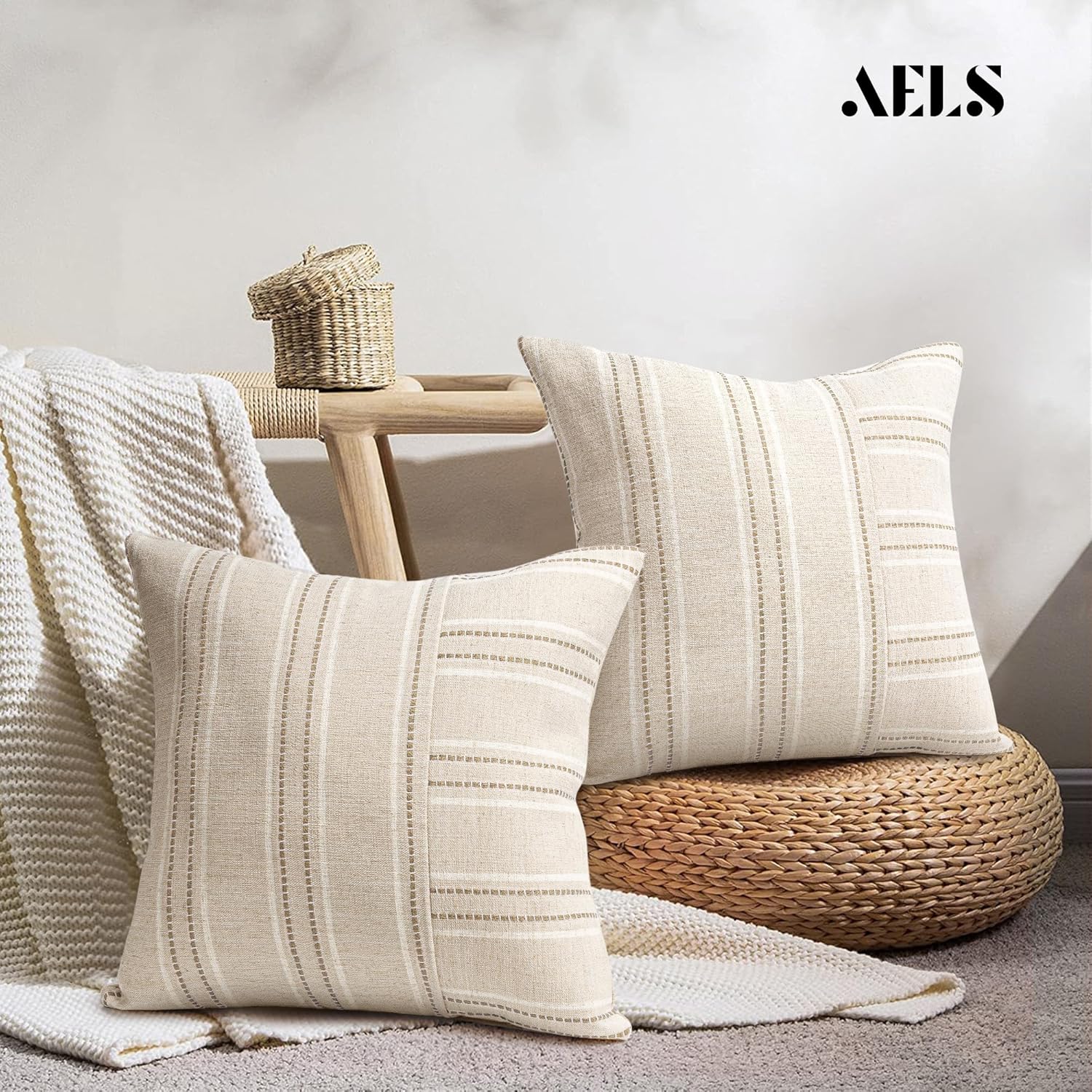 AELS 24x24 Decorative Farmhouse Linen Throw Pillow Covers, Boho Textured Pillow Case, Set of 2, Beige with White & Brown Stripe Patchwork Cushion Cover for Sofa Couch Living Room (Cover ONLY)