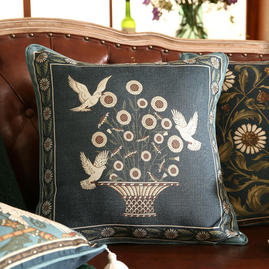 Green Throw Pillow Covers Set of 2,French Farmhouse with White Birds and Flowers Pattern Linen Pillowcases,Decorative Square Pillows Cushion Covers for Couch Sofa Bed Chair,18x18 Inches