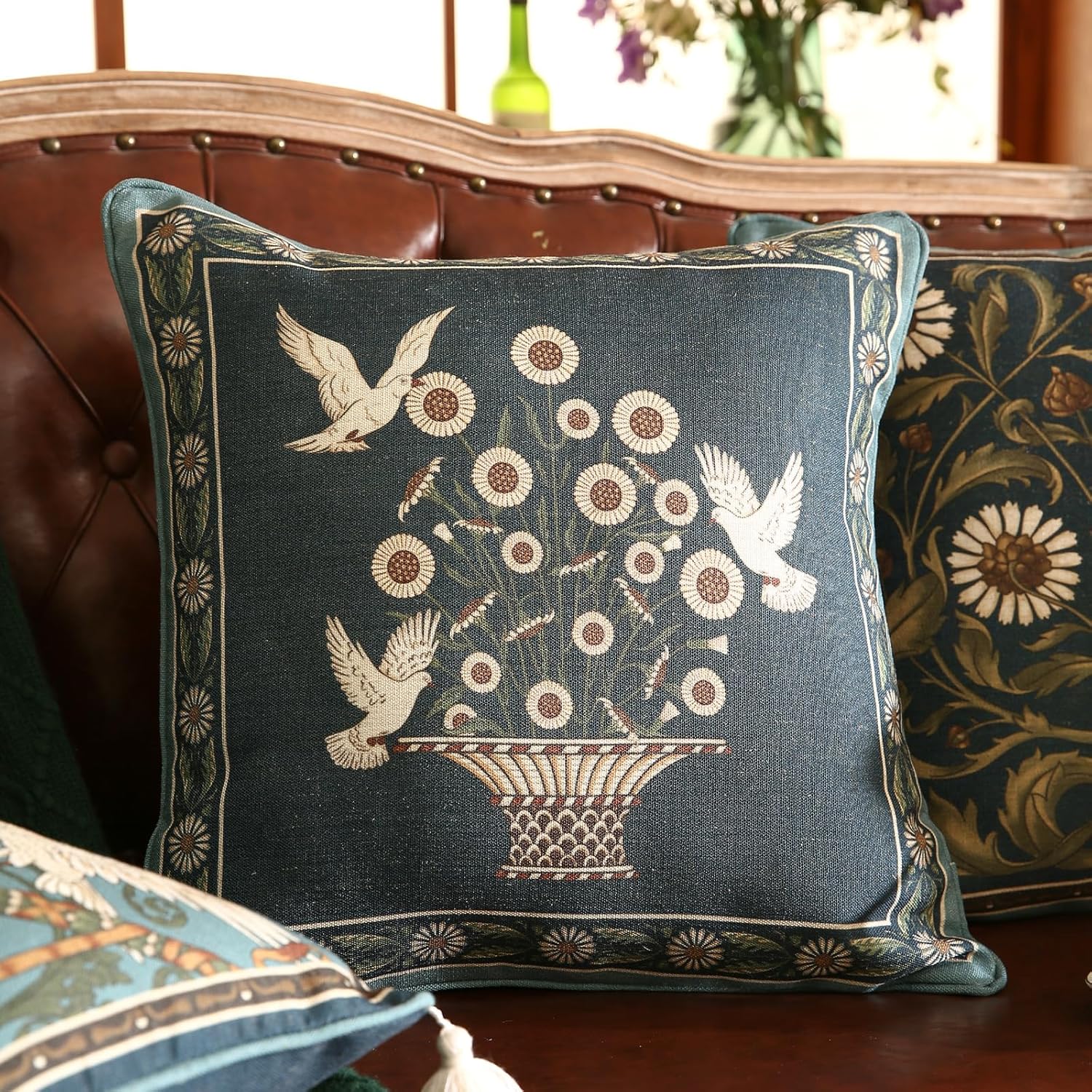 Green Throw Pillow Covers Set of 2,French Farmhouse with White Birds and Flowers Pattern Linen Pillowcases,Decorative Square Pillows Cushion Covers for Couch Sofa Bed Chair,18x18 Inches