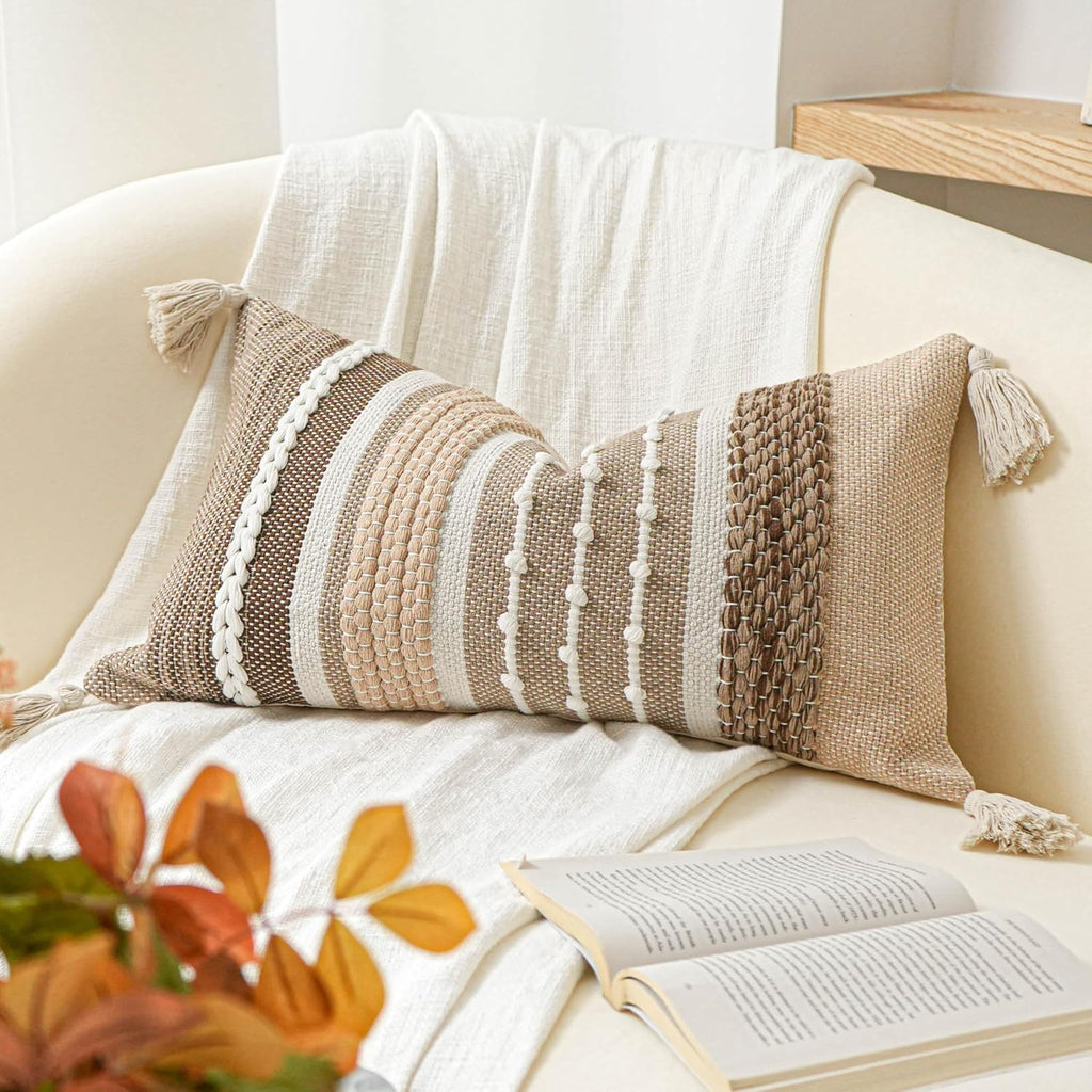 BlissBlush Decorative Lumbar Throw Pillow Cover 14x24 Boho Brown Accent Cushion for Couch Sofa Farmhouse Pillowcase for Bedroom Living Room Home Décor Cover ONLY