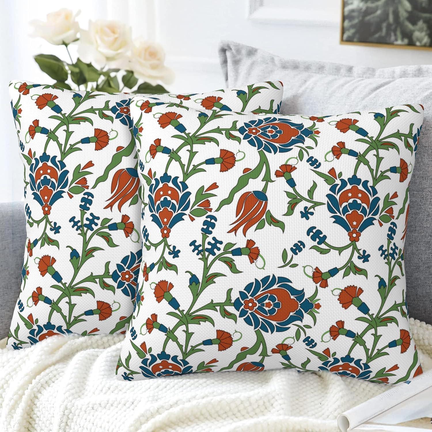 Throw Pillow Cover Case Vintage Floral Pillow Covers 16x16 Inch Set of 2,Soft Decorative Throw Pillow Case for Living Room Bedroom Sofa Couch Cushion Covers