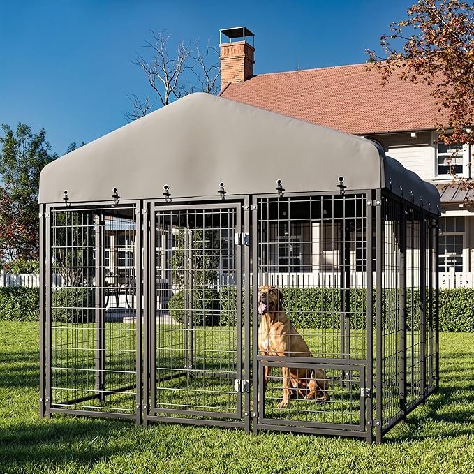 6X6FT Dog Kennel Outside Dog Kennel Outdoor with Feeding, Heavy Duty Outdoor Dog Crate Durable Dog Cage with Roof & Double Lock