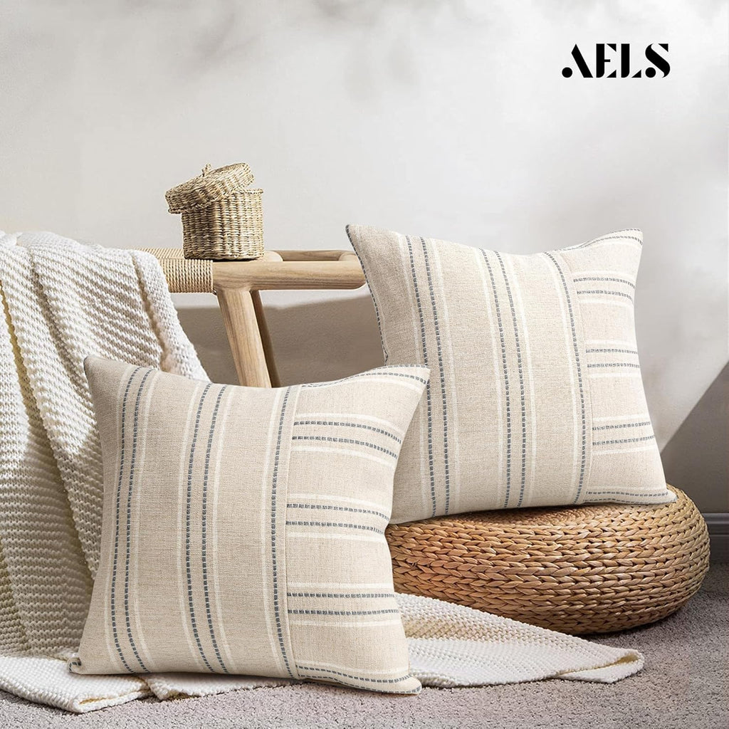 AELS 24x24 Decorative Farmhouse Linen Throw Pillow Covers, Boho Textured Pillow Case, Set of 2, Beige with White & Gray Stripe Patchwork Cushion Cover for Sofa Couch Living Room (Cover ONLY)