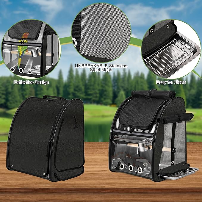 Sanmoncare Bird Carrier Backpack with Stainless Steel Mesh, Parrot Travel Cage with Stand, Easy to Clean, Portable Conures Travel Bag, Pet Breathable Travel Cage