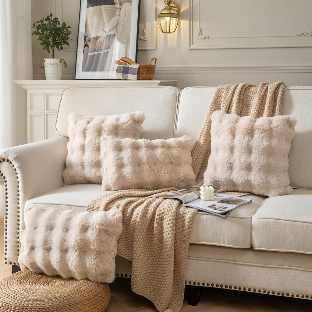 Pack of 2 Thick Plush Throw Pillow Covers Fluffy Wave Faux Fur Decorative Cushion Covers Soft Wool Pillowcase for Sofa Couch Livingroom 20x20 Inch Beige