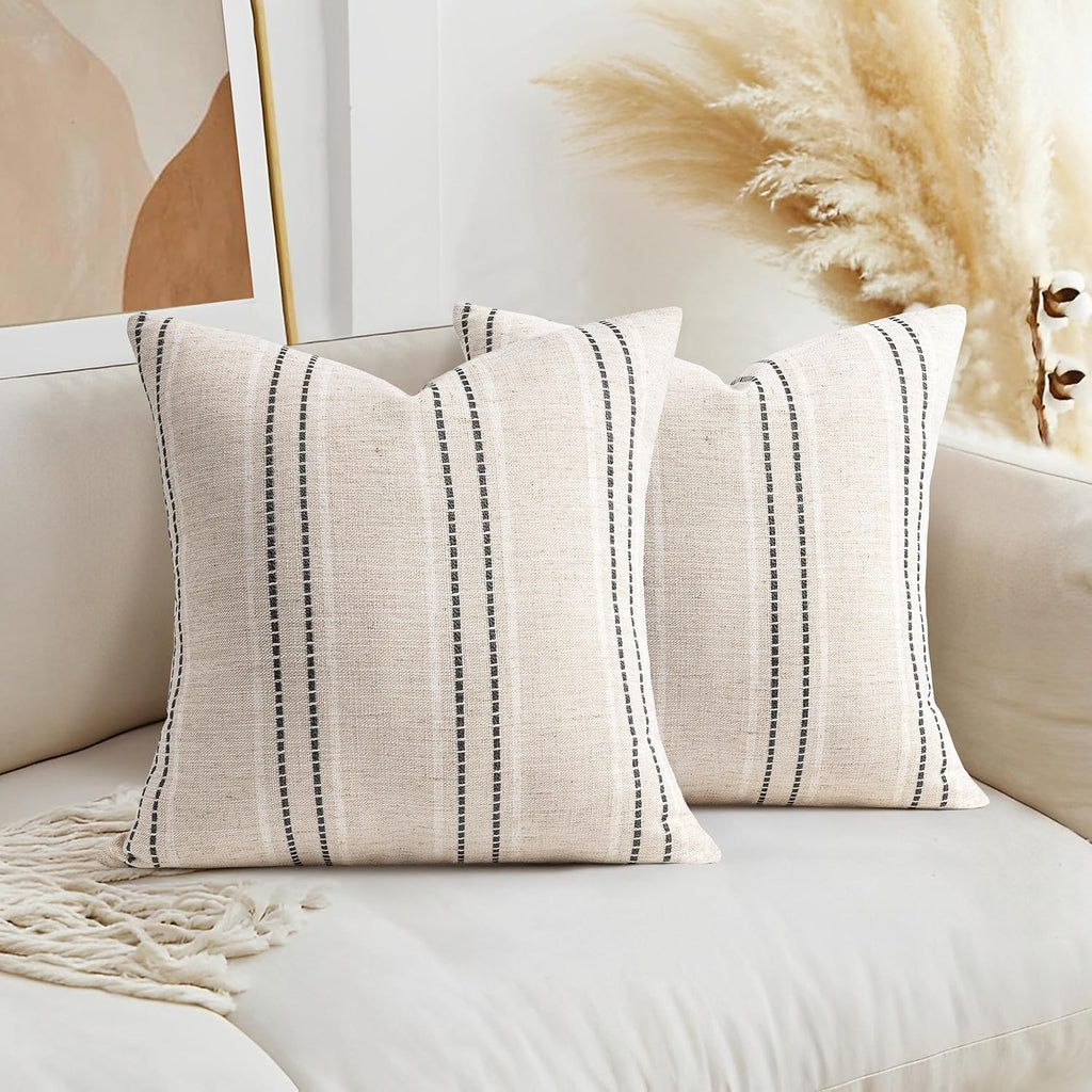 AELS 16x16 Decorative Farmhouse Linen Throw Pillow Covers, Boho Textured Pillow Case, Set of 2, Beige with White & Black Stitch Yarn Dyed Stripe Cushion Cover for Sofa Couch Living Room (Cover ONLY)