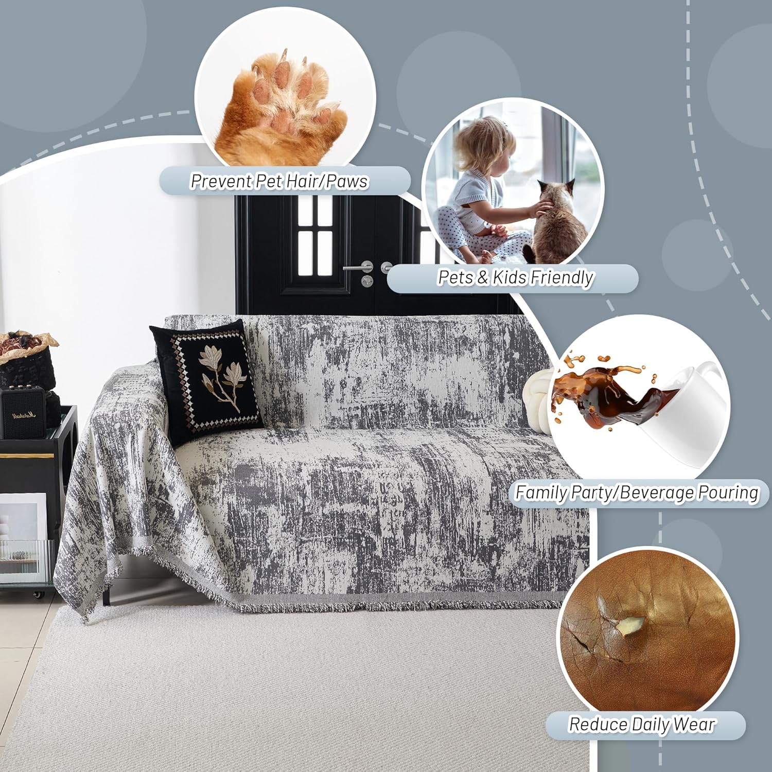 MYSKY HOME Boho Couch Cover for Dogs Washable Deep Grey Abstract Couch Sofa Protector for Loveseat Sofa Pets Friendly Chenille Geometric Sofa Covers Soft Durable Farmhouse Sofa Slipcovers, 91" X118"