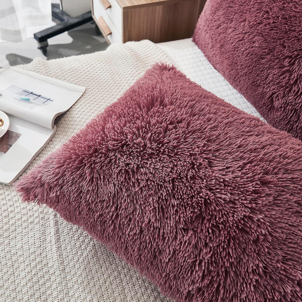 Uhamho Set of 2 Pillowcases Faux Fur Throw Pillow Covers King Size Shams Soft Velvet Decorative Zipper Closure (Dusty Rose, 20"x36")