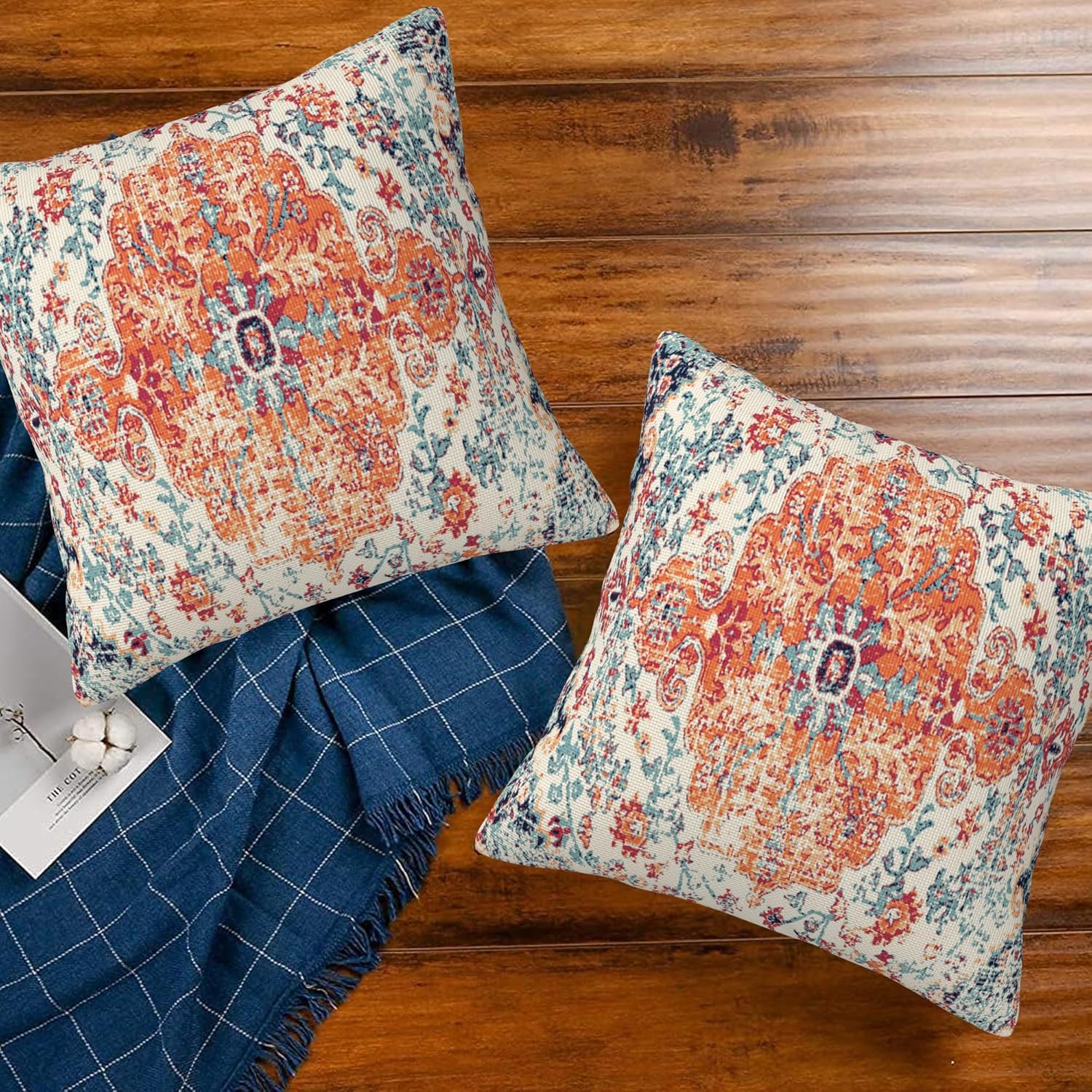 Throw Pillow Covers Boho Orange Pillow Covers 16x16 Inch Set of 2 Rug Boho Style Ethnic Floral Throw Pillows Decorative Pillow Cases Cushion Covers for Bedroom Livingroom Sofa Farm House