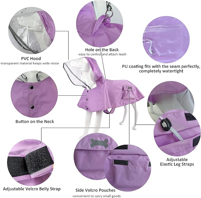 Waterproof Dog Raincoat, Adjustable Reflective Lightweight Pet Rain Clothes with Poncho Hood(Large, Light Purple)