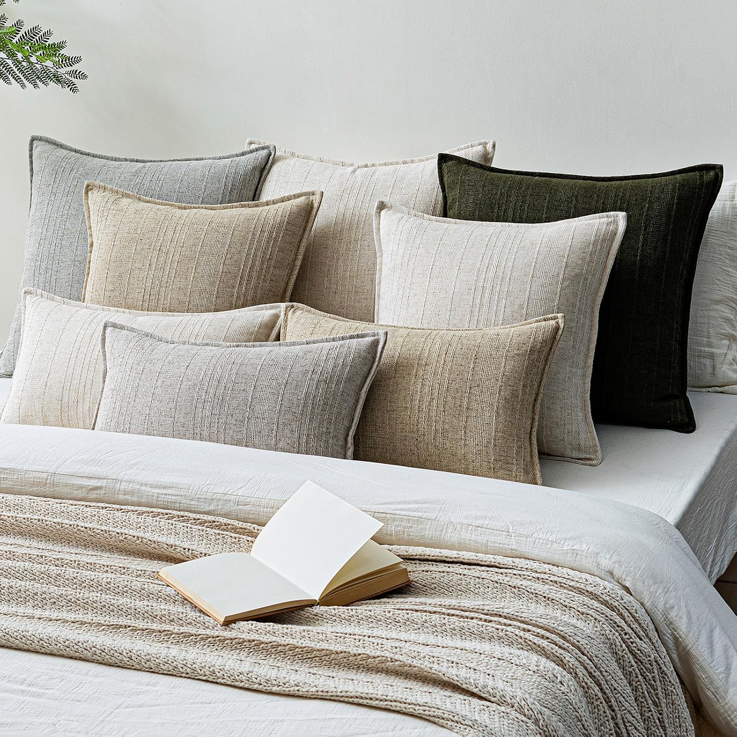 a moment Linen Pillow Covers Set of 2,Boho Farmhouse Throw Pillowcases Neutral Textured Decorative Covers for Couch Sofa, Soft Linen Blend Accent Case Cushion Living Room Home Decor 26"x26"Khaki