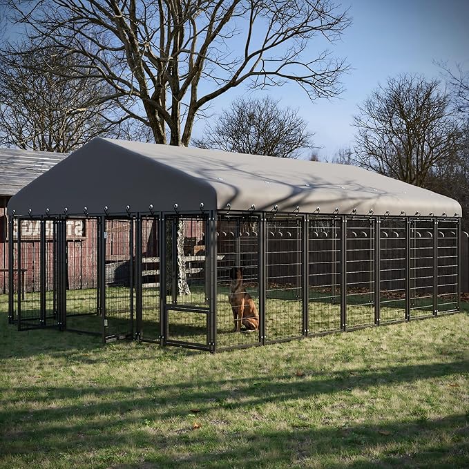 10 x 14 FT Large Outdoor Dog Kennel with Double Swing Doors, Heavy-Duty Dog Cage with Feeding Panel, Weatherproof Roof, Secure Fence Playpen for Large Dogs, Easy Assembly