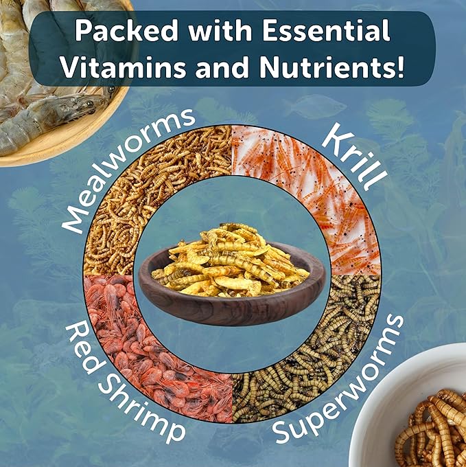 Aquatic Foods Inc. 4-Type Medley Mix of Freeze Dried Superworms, Krill, Red Shrimp, Mealworms for Monster Fish, Reptiles, Turtles, Tortoises, Frogs, Hamsters, Birds, Rodents 5oz Canister