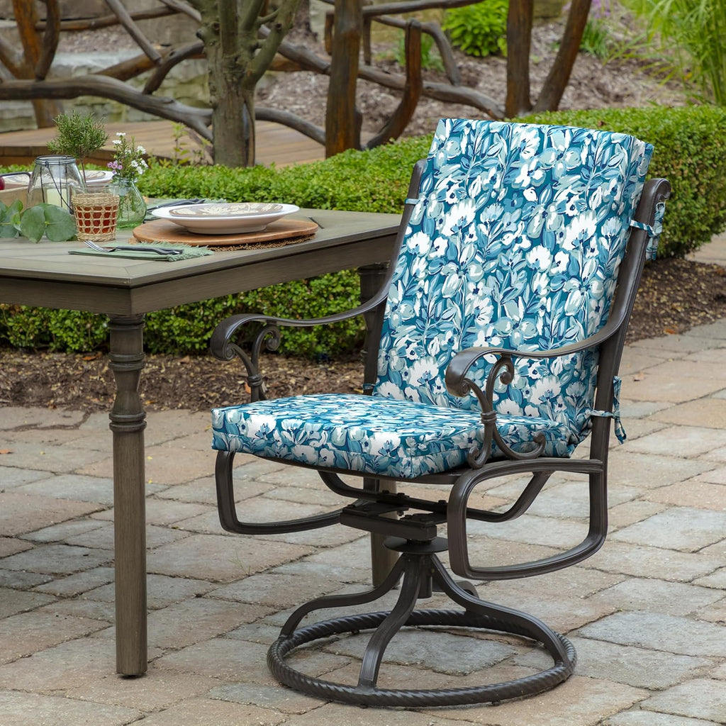 Arden Outdoor Midback Chair Cushion, 18 x 16.5, Rain-Proof, Fade Resistant Aqua Blue Fusion Floral
