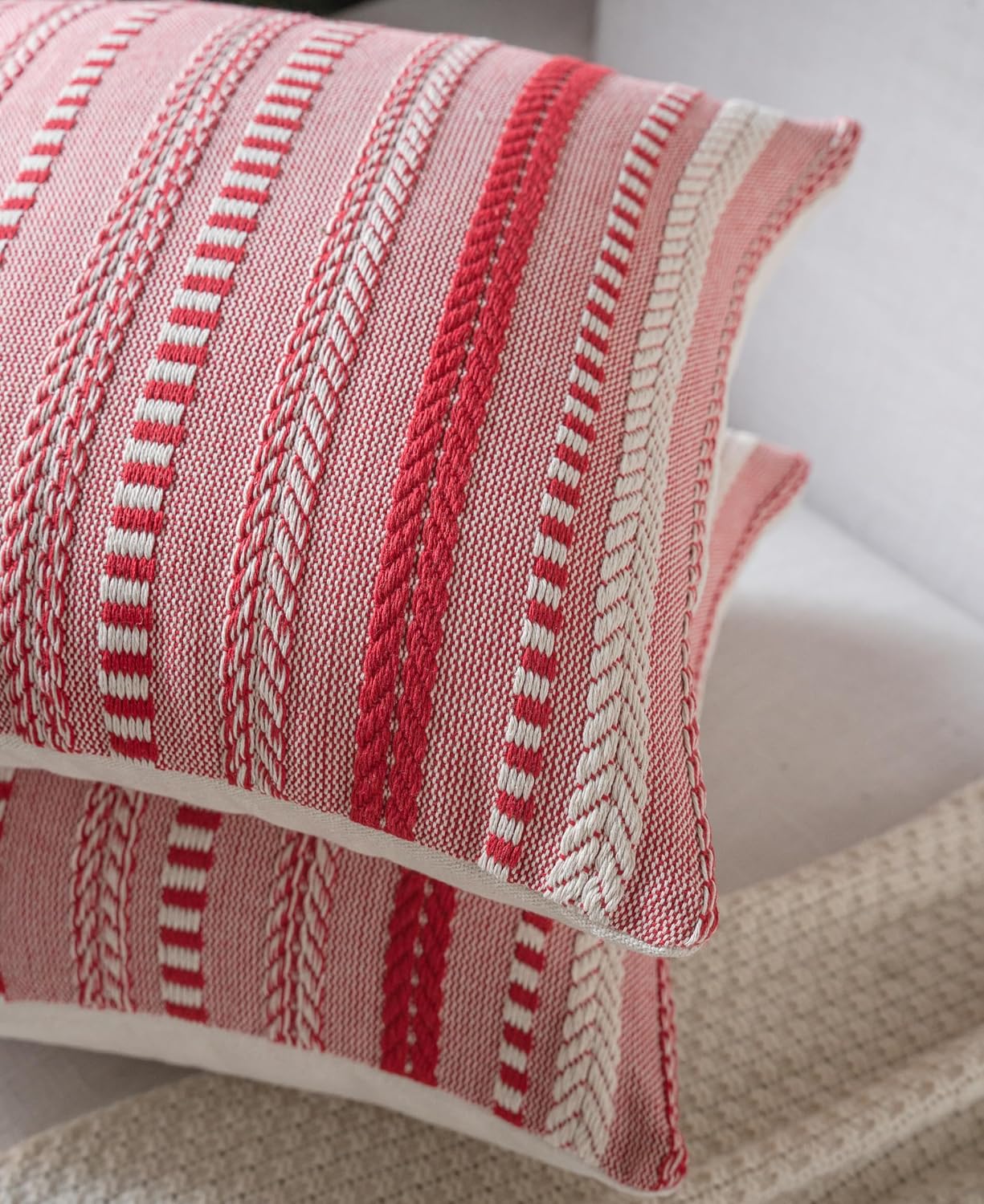 Christmas Pillow Covers 18x18 Inch Set of 2, Farmhouse Boho Christmas Decorative Couch Pillow Cases, Red Accent Pillows of Bed, Sofa Bedroom Living Room Home Decor Cushion Cover