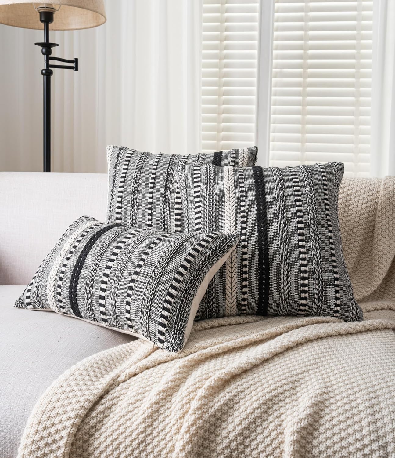 Boho Throw Pillow Covers 22x22 Inch Set of 2, Farmhouse Decorative Couch Pillow Cases, Black Accent Pillows of Bed, Sofa Bedroom Living Room Home Decor Cushion Cover