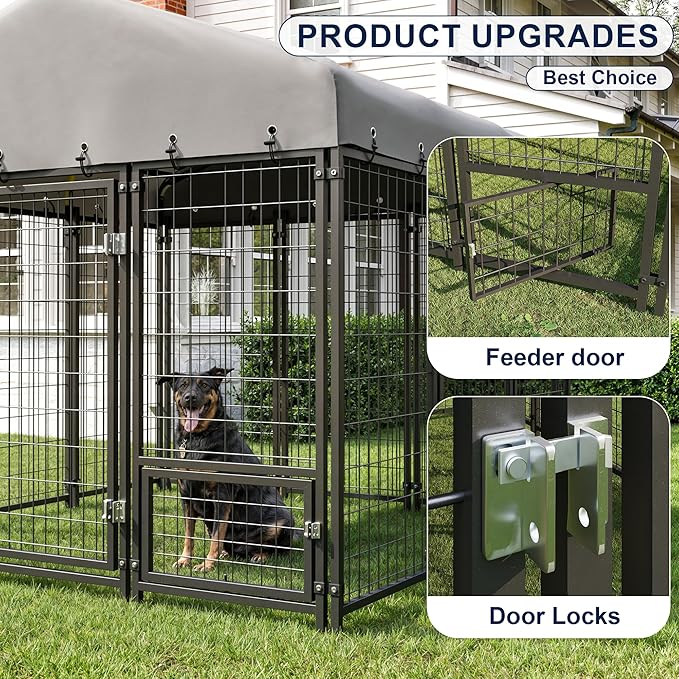 10X20FT Dog Kennel Outside Double Door Dog Kennel Outdoor with Feeding, Heavy Duty Outdoor Dog Crate Durable Dog Cage with Roof & Double Lock