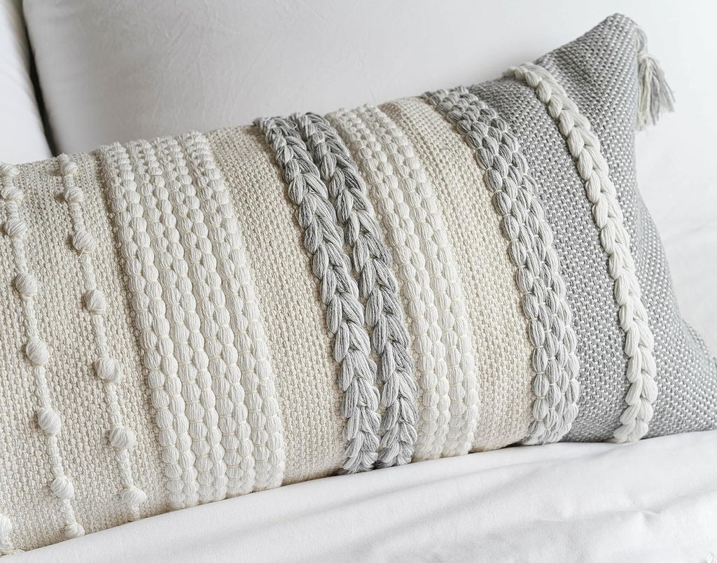 BlissBlush Gray Decorative Lumbar Pillow Cover 14x36, Grey Boho Long Body Pillow for Bed, Farmhouse Lumbar Throw Pillow for Couch, Modern Accent Textured Throw Pillowcase
