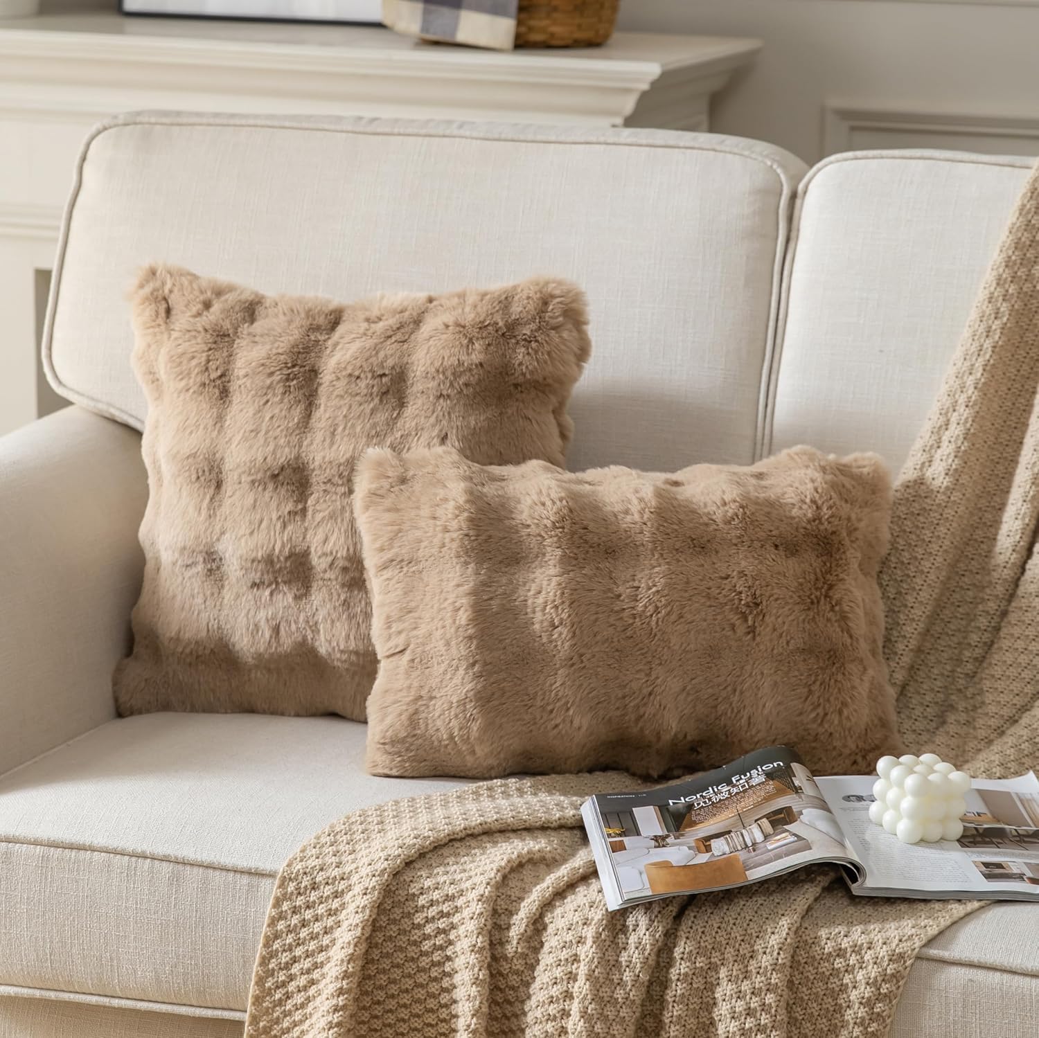 Pack of 2 Thick Plush Throw Pillow Covers Fluffy Wave Faux Fur Decorative Cushion Covers Soft Wool Pillowcase for Sofa Couch Livingroom 12x20 Inch Camel