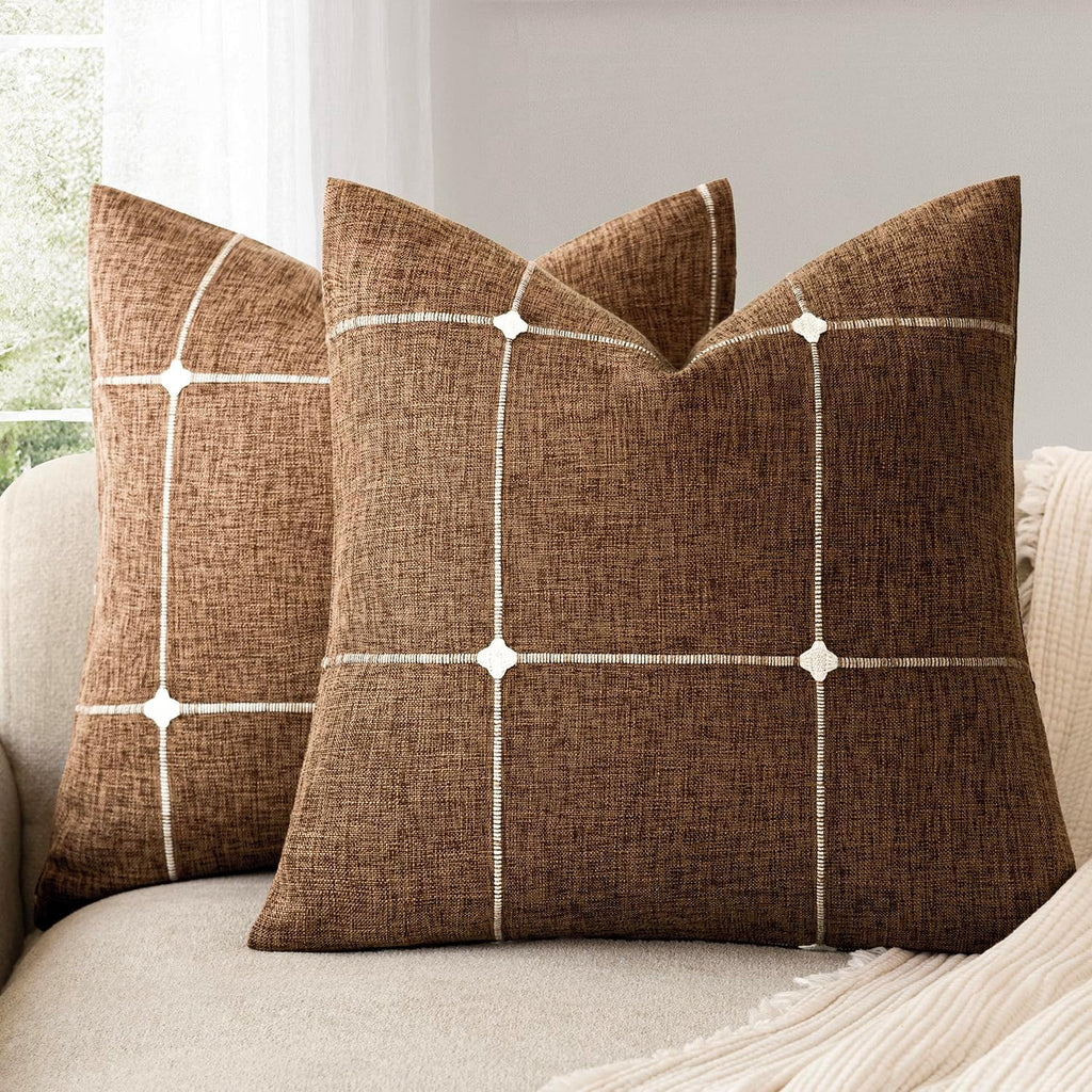 Foindtower Pack of 2 Decorative Faux Linen Jacquard Check Throw Pillow Covers Farmhouse Cushion Cover with Grid Textured Accent Pillowcase for Couch Sofa Living Room Home Decor,16×16 Inch,Orange Brown