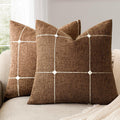 Foindtower Pack of 2 Decorative Faux Linen Jacquard Check Throw Pillow Covers Farmhouse Cushion Cover with Grid Textured Accent Pillowcase for Couch Sofa Living Room Home Decor,16×16 Inch,Orange Brown