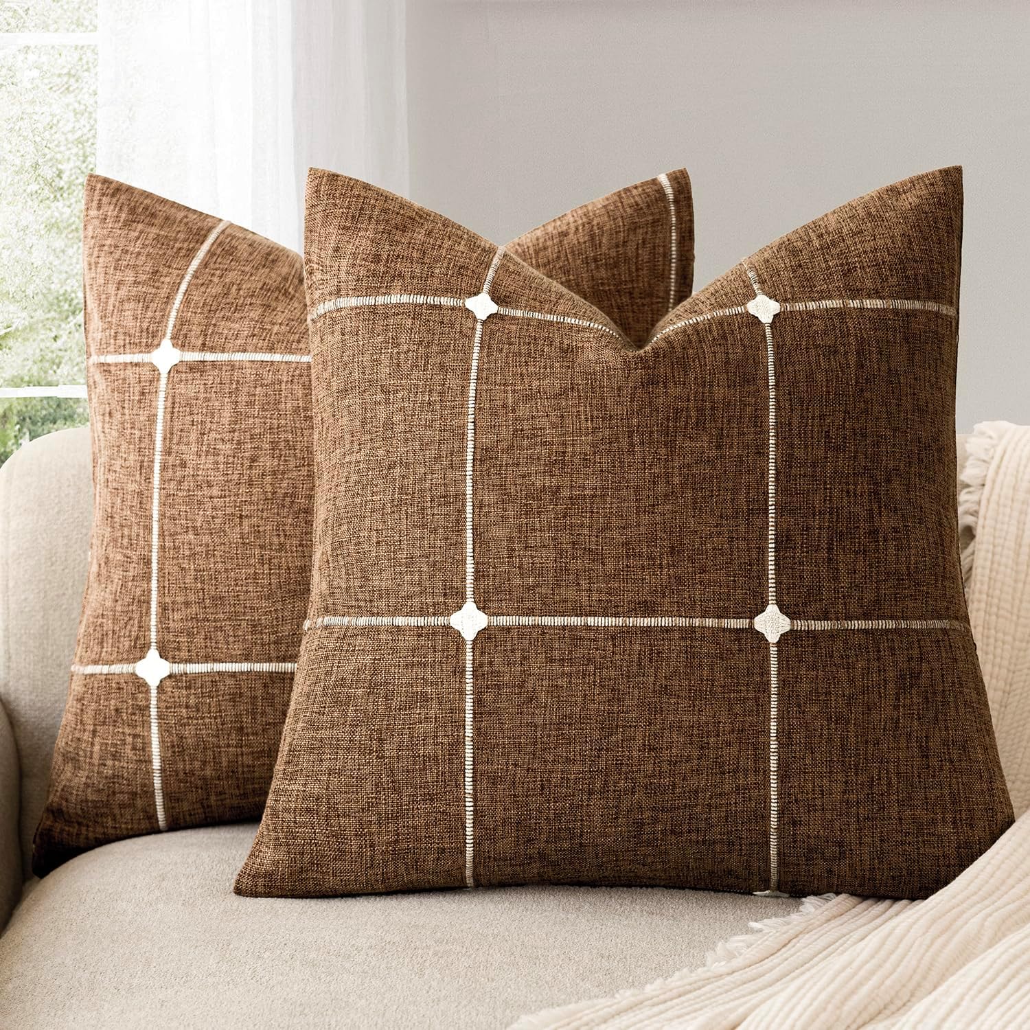 Foindtower Pack of 2 Decorative Faux Linen Jacquard Check Throw Pillow Covers Farmhouse Cushion Cover with Grid Textured Accent Pillowcase for Couch Sofa Living Room Home Decor,16×16 Inch,Orange Brown