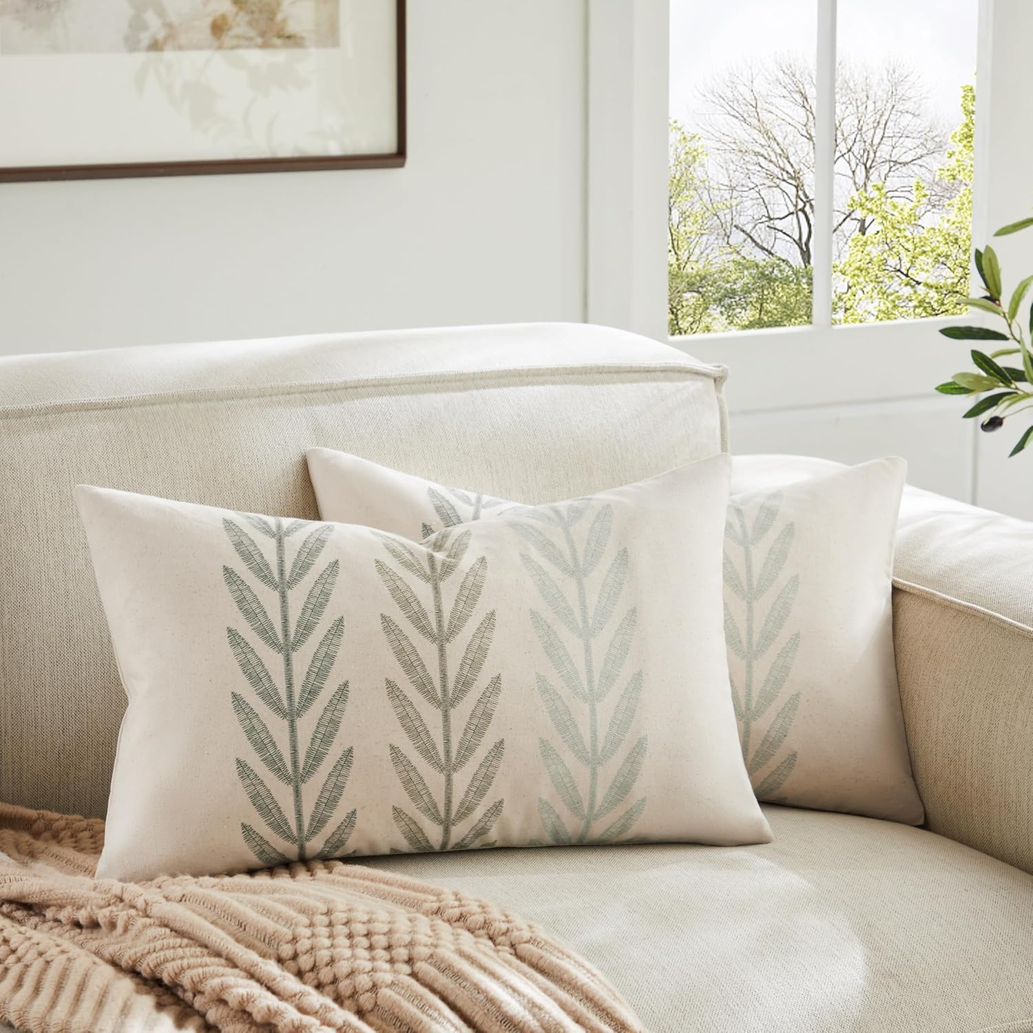 100% Cotton Farmhouse Leaves Lumbar Throw Pillow Covers Set of 2, 12x20 Inch Mixed Green Pastoral Decorative Print Cushion Covers for Sofa Bed Living Room Home Decor