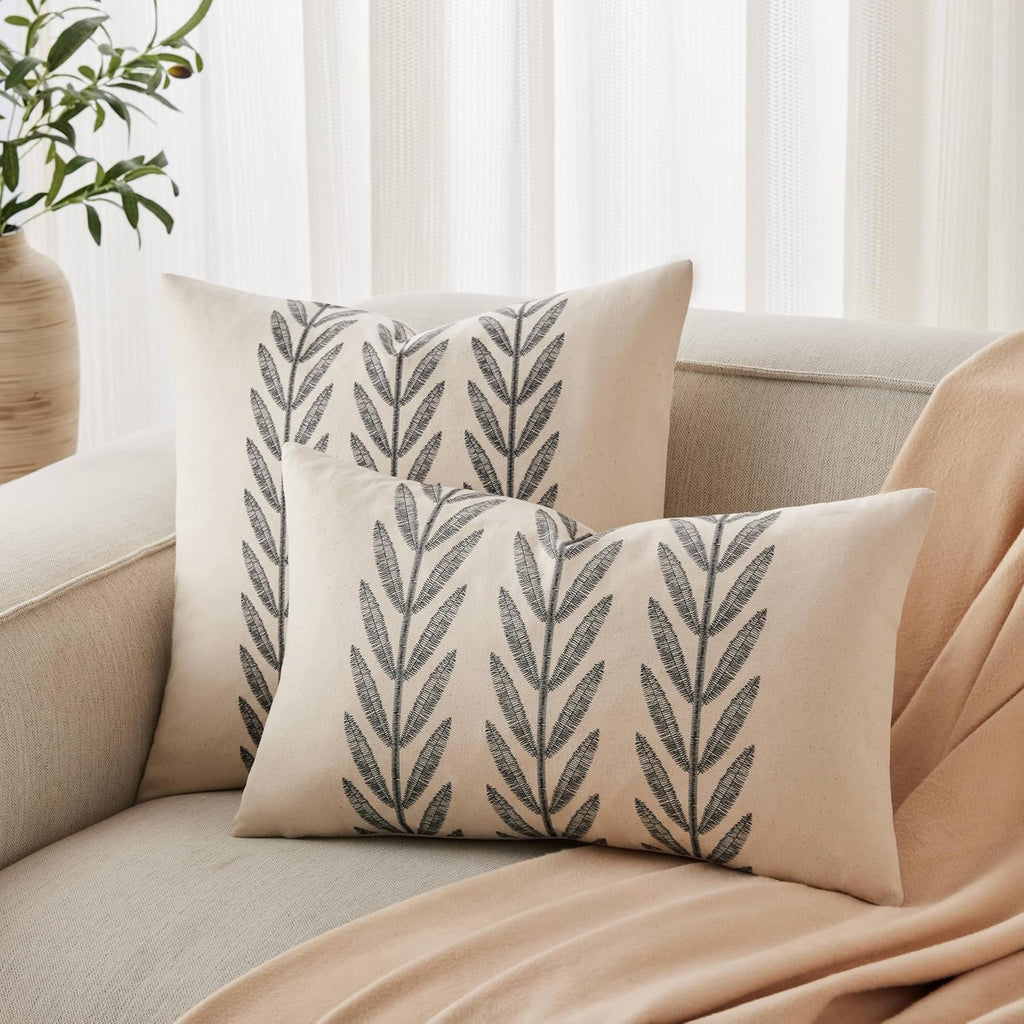 100% Cotton Farmhouse Leaves Throw Pillow Covers Set of 2, 20x20 Inch Black Pastoral Decorative Print Cushion Covers for Sofa Bed Living Room Home Decor