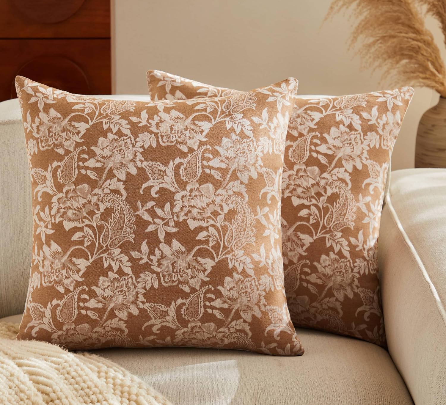 Floral Jacquard Throw Pillow Covers Set of 2, Background/Caramal 20x20 Inch, Farmhouse Decorative Cotton Caramal Cushion Covers for Sofa Bed Living Room Home Decor