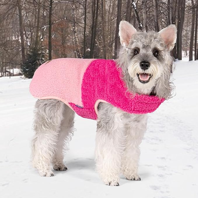 cyeollo Warm Dog Coat Sherpa Dog Winter Coat, Reversible Fleece Dogs Jackets Sweater Vest for Small Dogs Male with Leash Hole, Soft Cold Weather Pet Clothes, Rose Red L