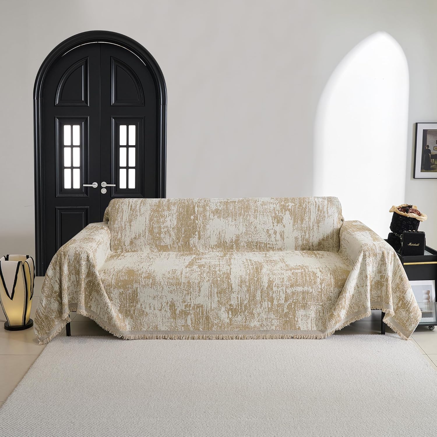 MYSKY HOME Sectional Couch Cover Khaki Geometric Abstract Sofa Covers for Sectional Sofa L Shape Chenille Couch Protector for Dogs Pets Couch Throw Cover Washable Durable for Home Decor, 71" X118"