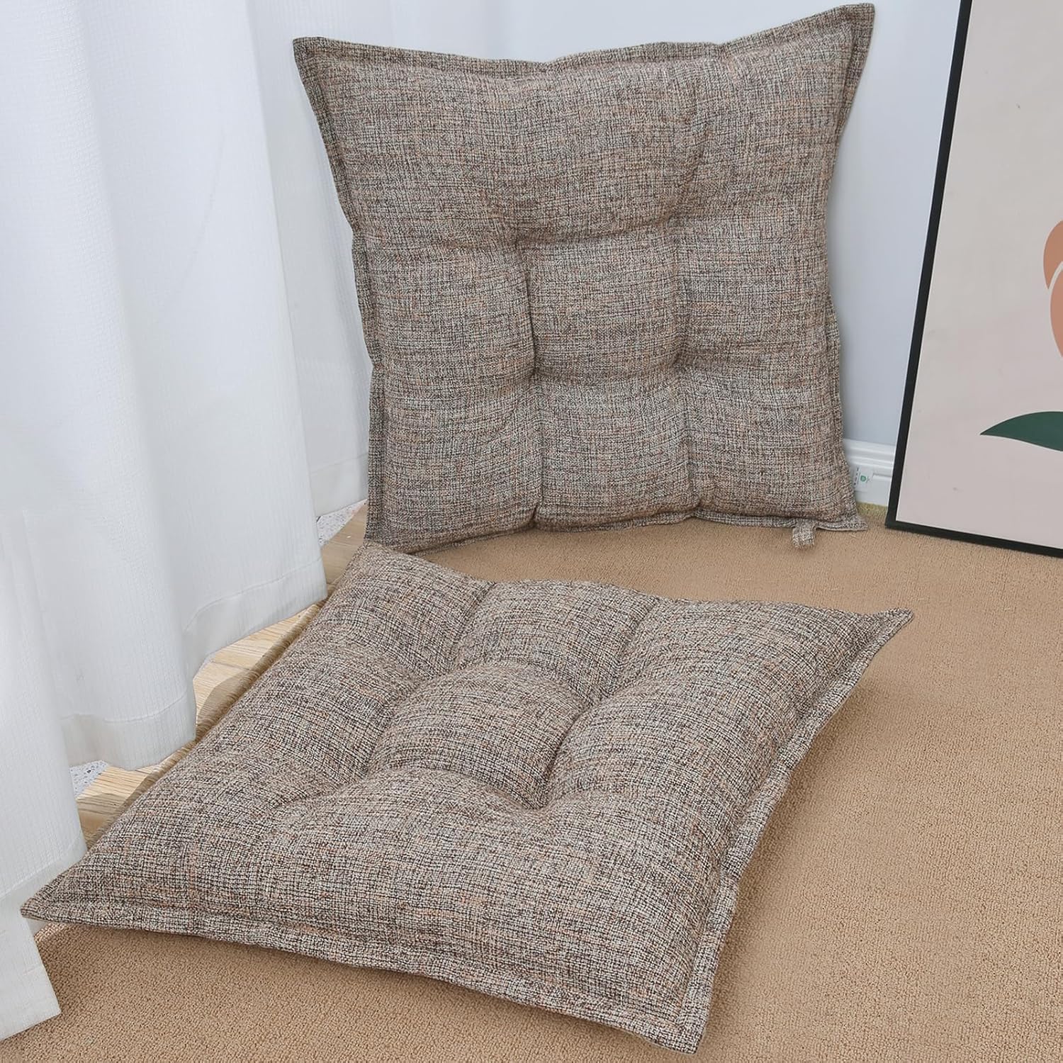 SINSOSSO Large Floor Pillows 22", Thickened Bite-Size Memory Foam Square Non-Slip Cushions for Office Back Support/Yoga/Chair Seat, Fashionable Color-Blocked Fabric & Washable, Light Brown, 2 PCS