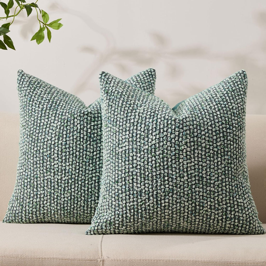 Decorative Couch Throw Pillow Covers 18x18 Set of 2 Green Striped Soft Wool Pillow Covers Neutral Textured Boho Cushion Covers for Modern Farmhouse Sofa Bedroom Living Room Decor SY012-D18