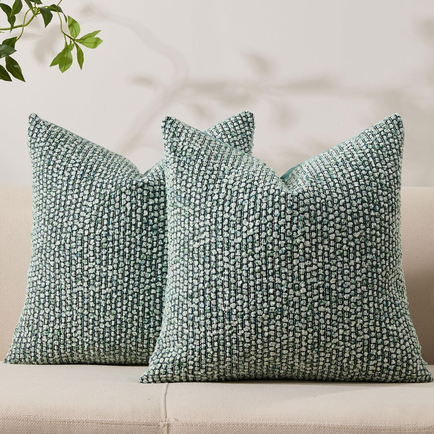 Decorative Couch Throw Pillow Covers 18x18 Set of 2 Green Striped Soft Wool Pillow Covers Neutral Textured Boho Cushion Covers for Modern Farmhouse Sofa Bedroom Living Room Decor SY012-D18