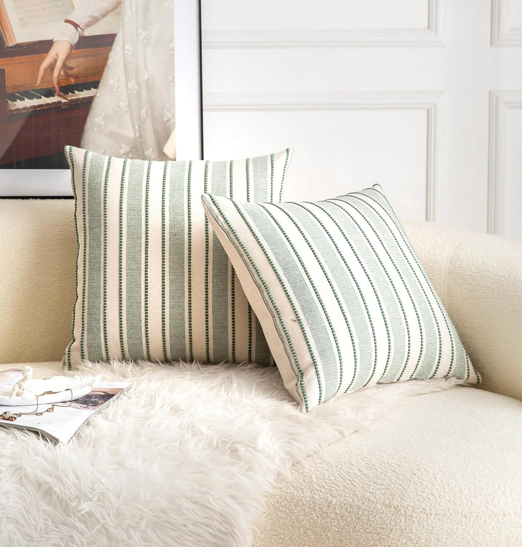 Decorative Boho Throw Pillow Covers, Farmhouse Textured Pillow Case, 22 x 22 Inch Set of 2, Chair Sofa Bedroom Living Room Home Decor Couch Cushion Case, Green and Beige Striped