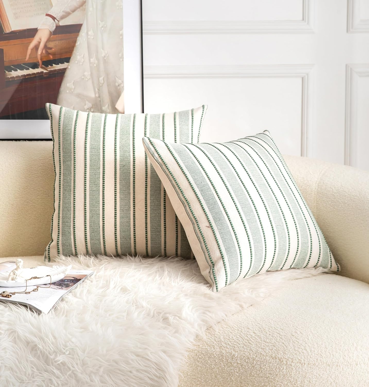 Decorative Boho Throw Pillow Covers, Farmhouse Textured Pillow Case, 22 x 22 Inch Set of 2, Chair Sofa Bedroom Living Room Home Decor Couch Cushion Case, Green and Beige Striped