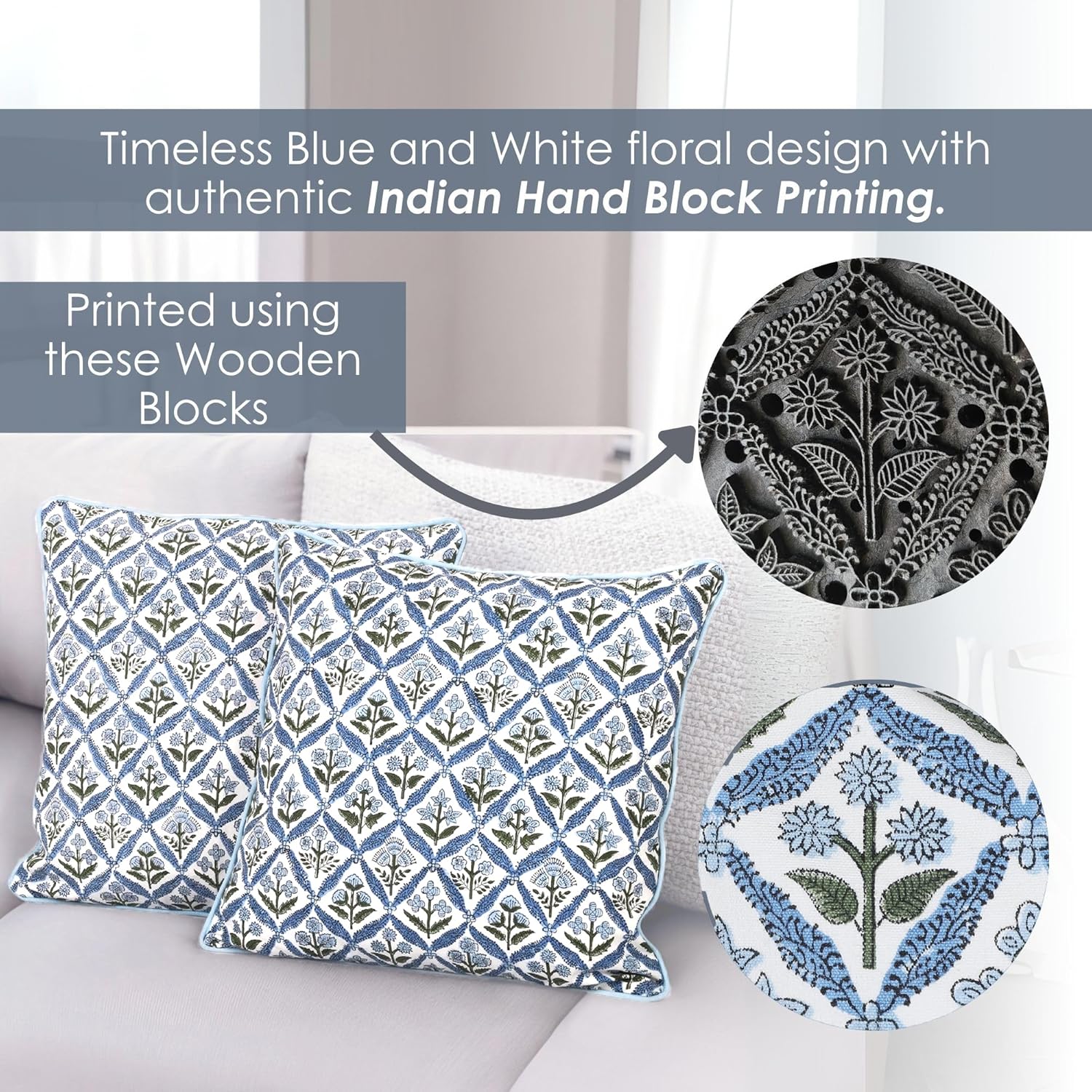 SheetKart Block Print Pillow Cover - Cotton Throw Pillow Covers for Boho Decorative Couch, Living Room, Bohemian Theme Gifts, Floral Blue - 18 x 18 Inches - Set of 2