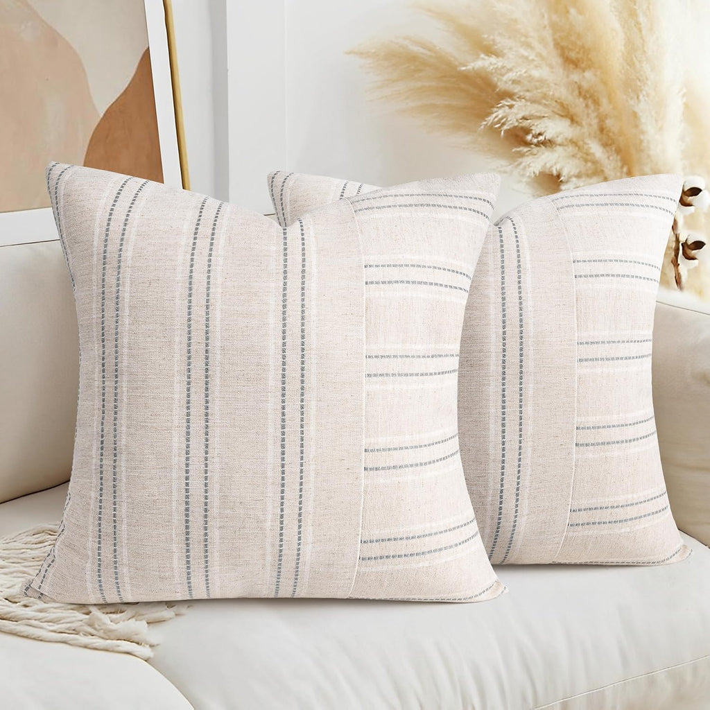 AELS 24x24 Decorative Farmhouse Linen Throw Pillow Covers, Boho Textured Pillow Case, Set of 2, Beige with White & Gray Stripe Patchwork Cushion Cover for Sofa Couch Living Room (Cover ONLY)