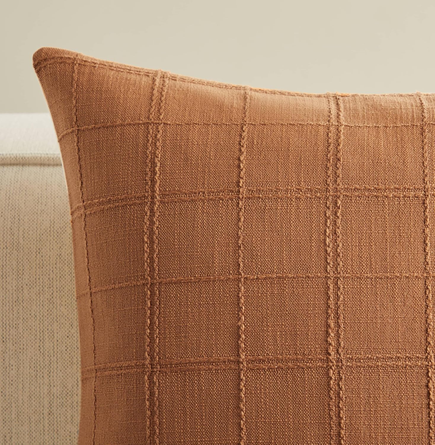 ZeeMart Linen Checked Throw Pillow Covers Set of 2, 20x20 Inch Caramel/Cream, Farmhouse Decorative Single Sided Grid Embroidered Couch Pillow Cases Burnt Orange Cotton Linen Cushion Covers