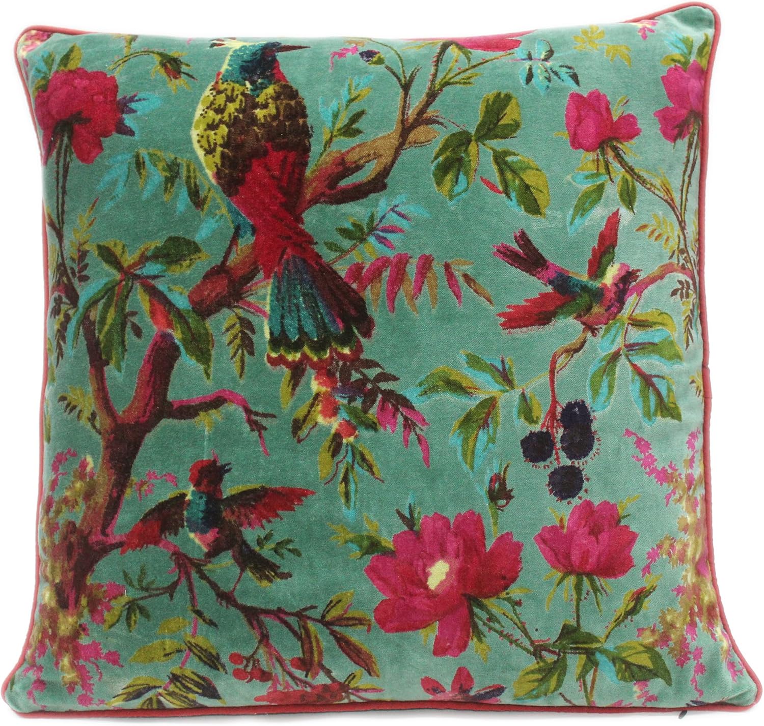 Eyes of India Velvet Floral Flower Bird Throw Pillow Sofa Cushion Cover Case Couch Colorful Boho Chic Bohemian Accent Indian Handmade (Green, 24" x 24")