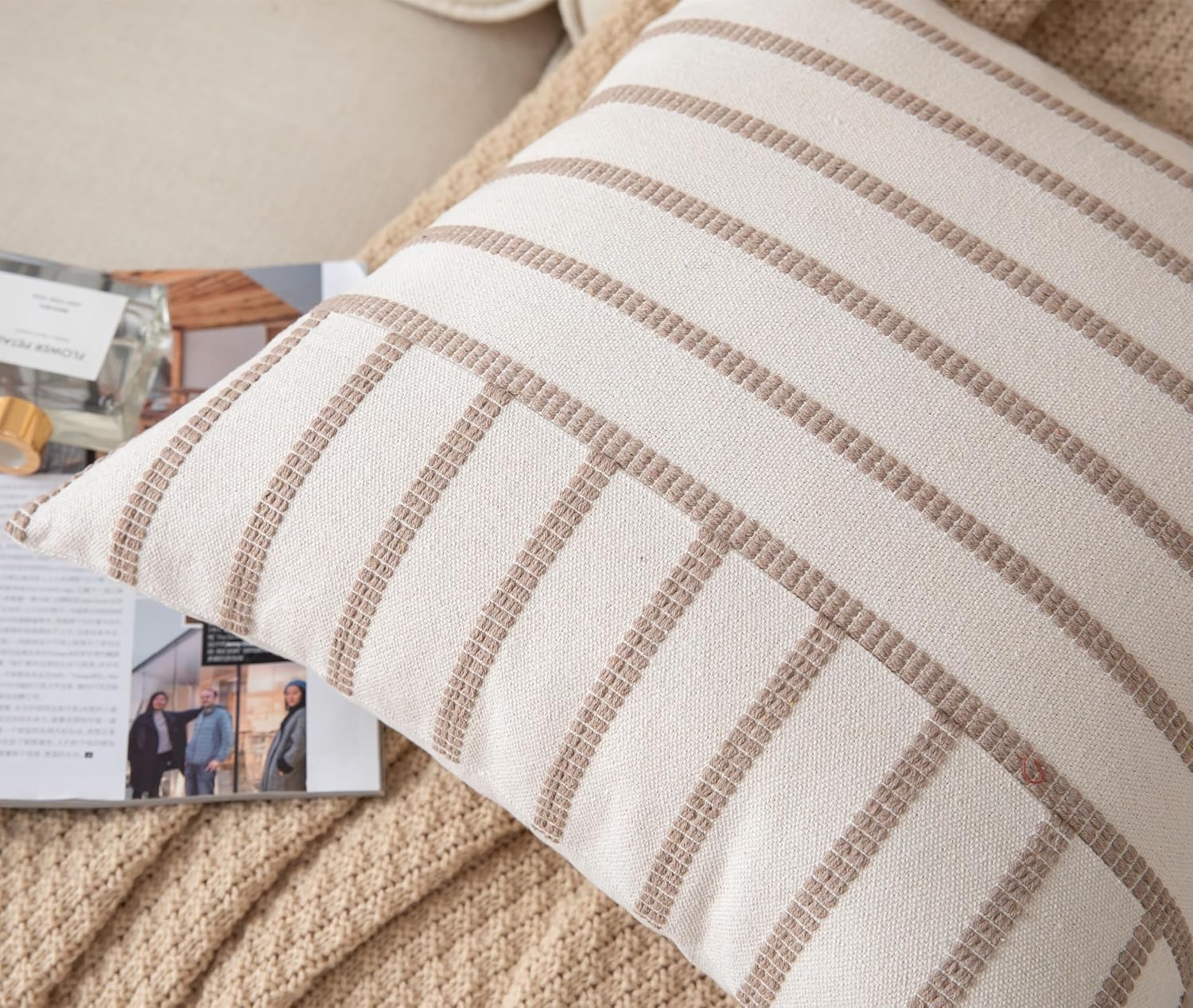 Caflife Boho Throw Pillow Covers 20x20 Set of 2 Soft Farmhouse Decorative Couch Pillow Cases Beige Striped Pillow Covers Neutral Cushion Covers for Sofa Bed Living Room Home Decor