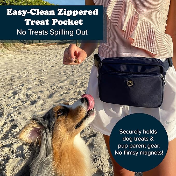 Puppington 3-in-1 Crossbody Dog Walking Bag & Treat Pouch with Matching Planet Safe Poop Bags & Built-In Dispenser - Zippered Pockets (Navy Blue)