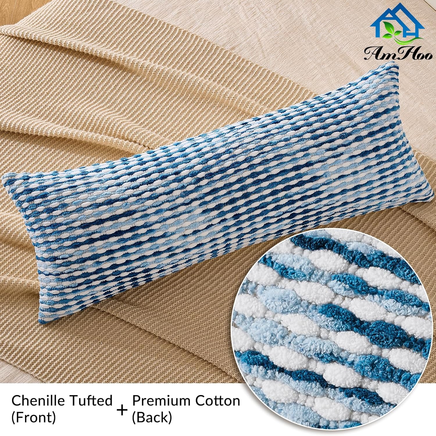 AmHoo Boho Chenille Pillow Cover Decorative Tufted Pillowcase for Couch Bed Sofa Bedroom Living Room Modern 14 x 36-Inch Sky Blue