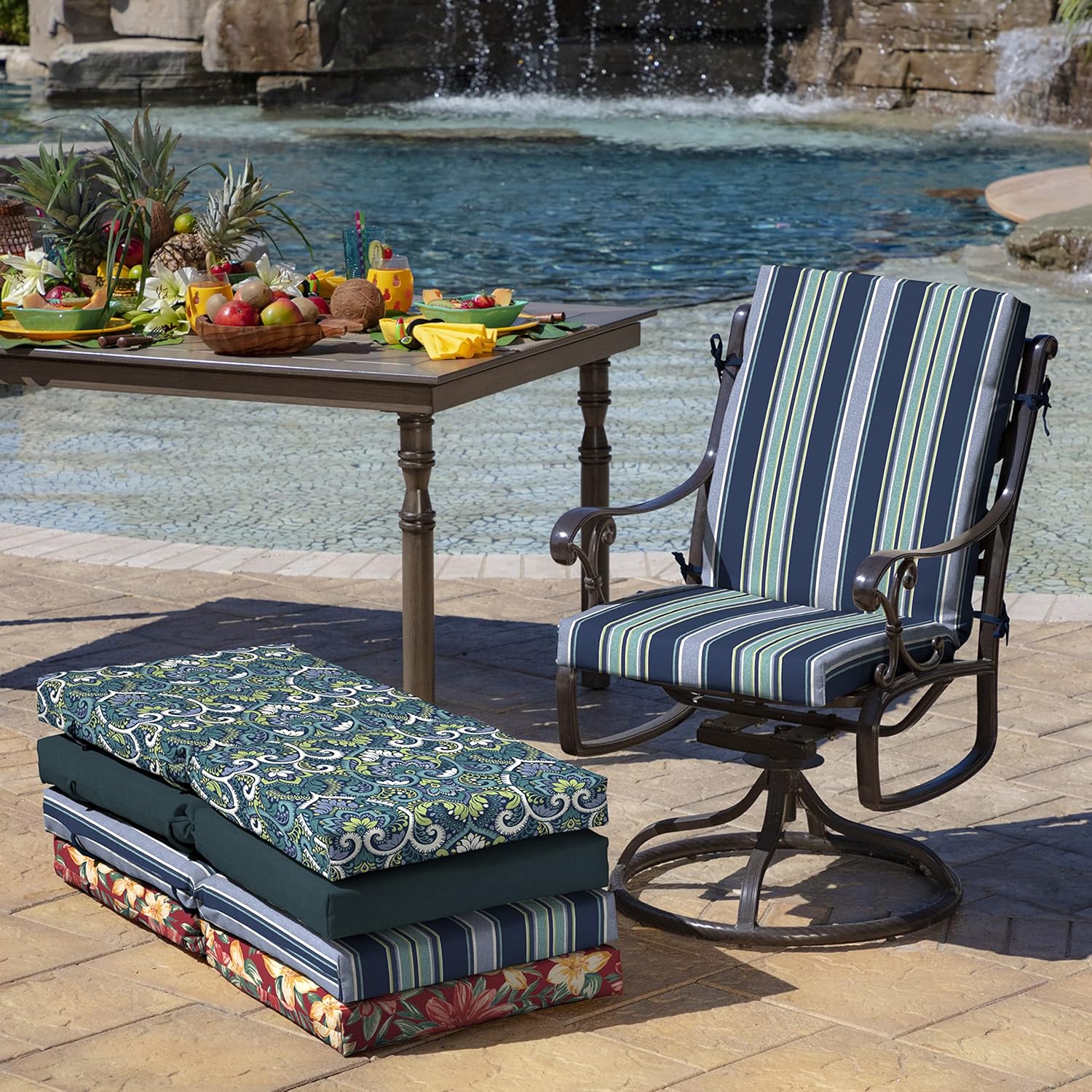ARDEN Outdoor Midback Chair Cushion, 18 x 16.5, Water Repellent, Fade Resistant 18 x 16.5, Sapphire Aurora Blue Stripe