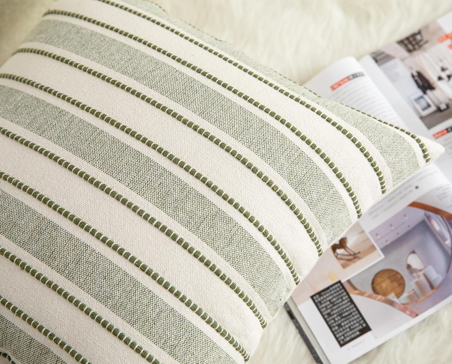 Decorative Boho Throw Pillow Covers, Farmhouse Textured Pillow Case, 22 x 22 Inch Set of 2, Chair Sofa Bedroom Living Room Home Decor Couch Cushion Case, Olive Green and Beige Striped