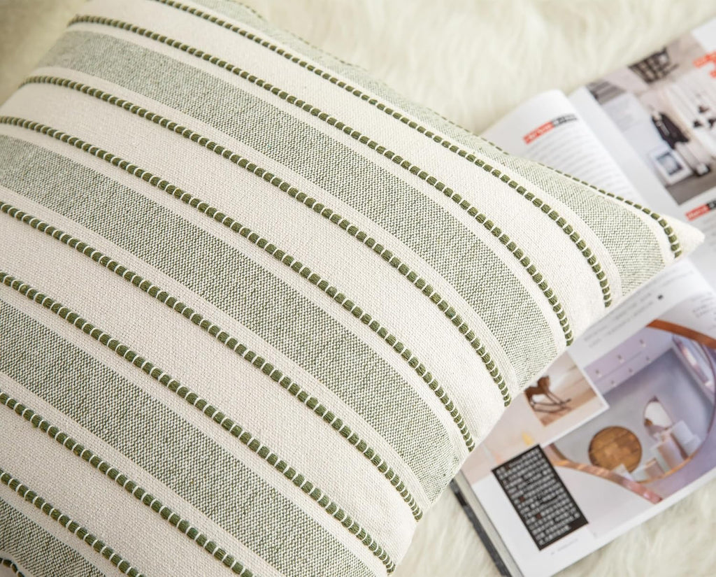 Decorative Boho Throw Pillow Covers, Farmhouse Textured Pillow Case, 18 x 18 Inch Set of 2, Chair Sofa Bedroom Living Room Home Decor Couch Cushion Case, Olive Green and Beige Striped