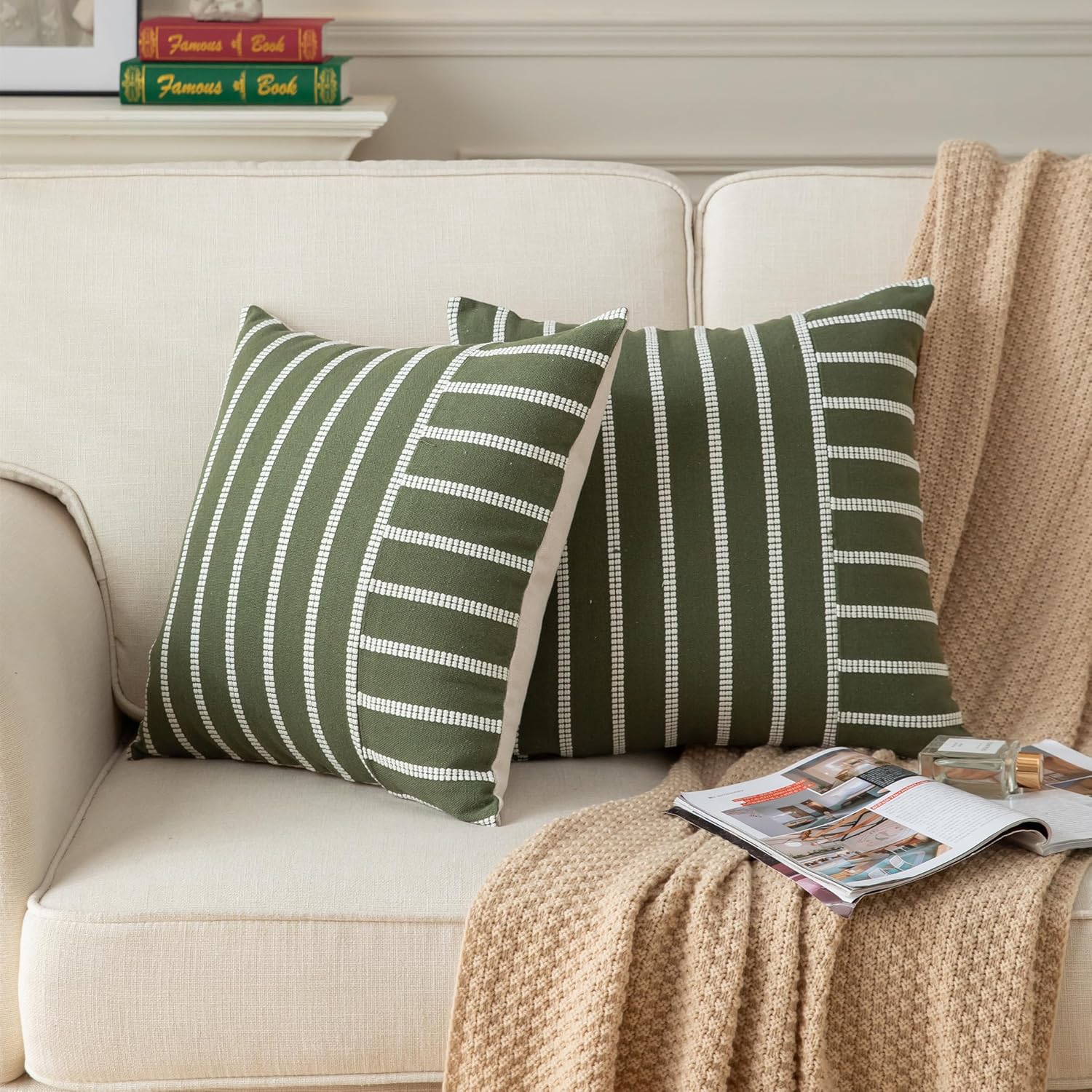Caflife Boho Throw Pillow Covers 20x20 Set of 2 Soft Farmhouse Decorative Couch Pillow Cases Green Striped Pillow Covers Neutral Cushion Covers for Sofa Bed Living Room Home Decor