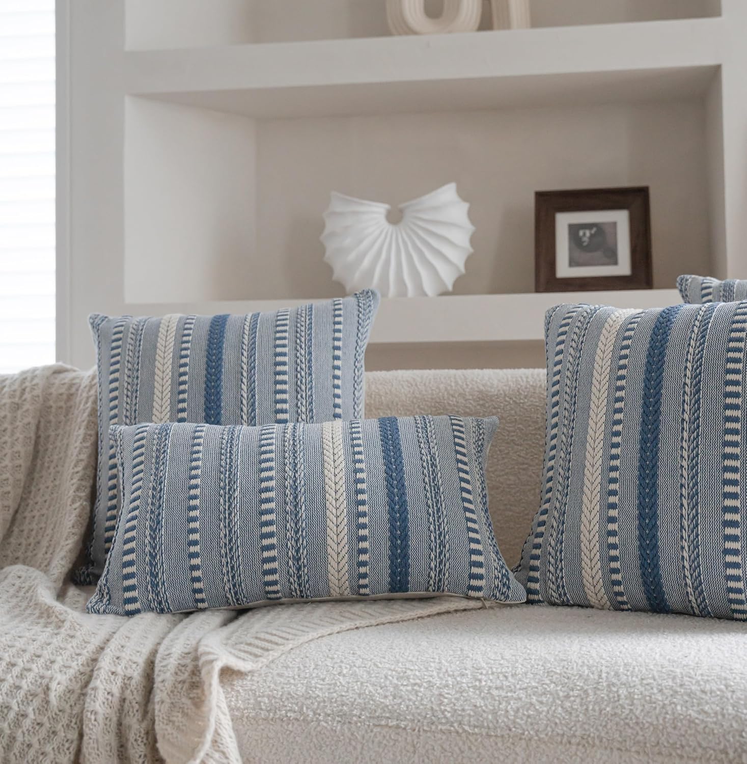 Boho Throw Pillow Covers 12x20 Inch Set of 2, Farmhouse Decorative Couch Pillow Cases, Blue Accent Pillows of Bed, Sofa Bedroom Living Room Home Decor Cushion Cover