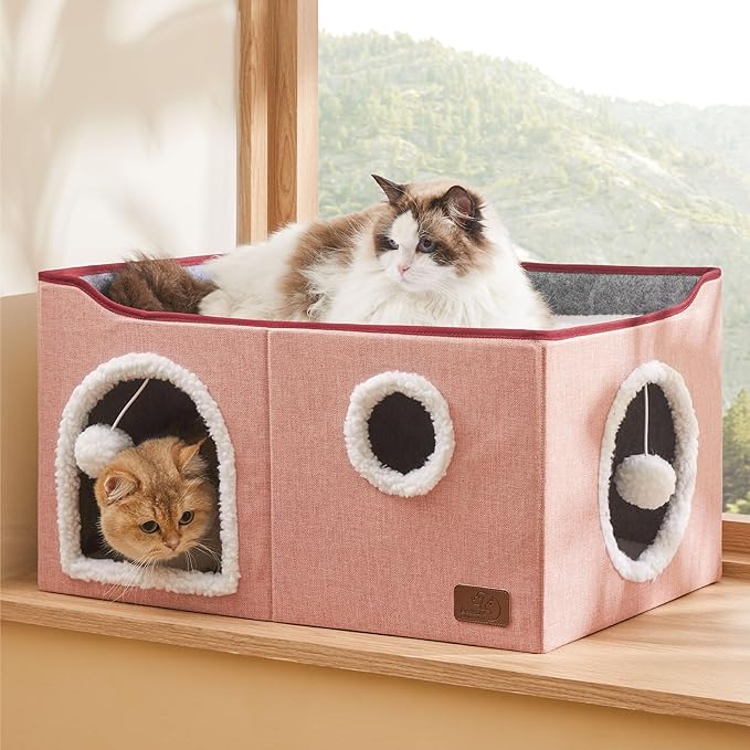 Bedsure Large Cat Beds for Indoor Cats - Extra Wide Cat Cube House for Small Pet with Fluffy Ball Hanging and Scratch Pad, Foldable Pet Cave Hideaway for Multiple Cats, 23.6x16.9x13 inches,Pink